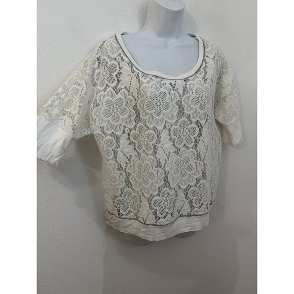 Pleione Womens Ivory Top Lace Doily Crochet Short Sleeve Blouse Size M Sheer - Picture 2 of 7